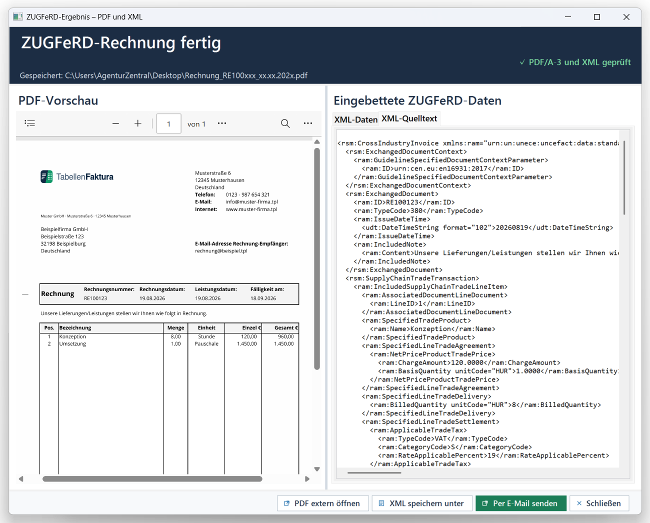 Ergebnisfenster mit PDF-Vorschau links und eingebetteten ZUGFeRD-Daten rechts