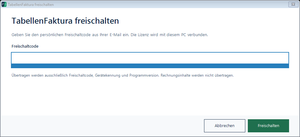 Freischaltdialog mit leerem Feld für den persönlichen Code und der Schaltfläche Freischalten