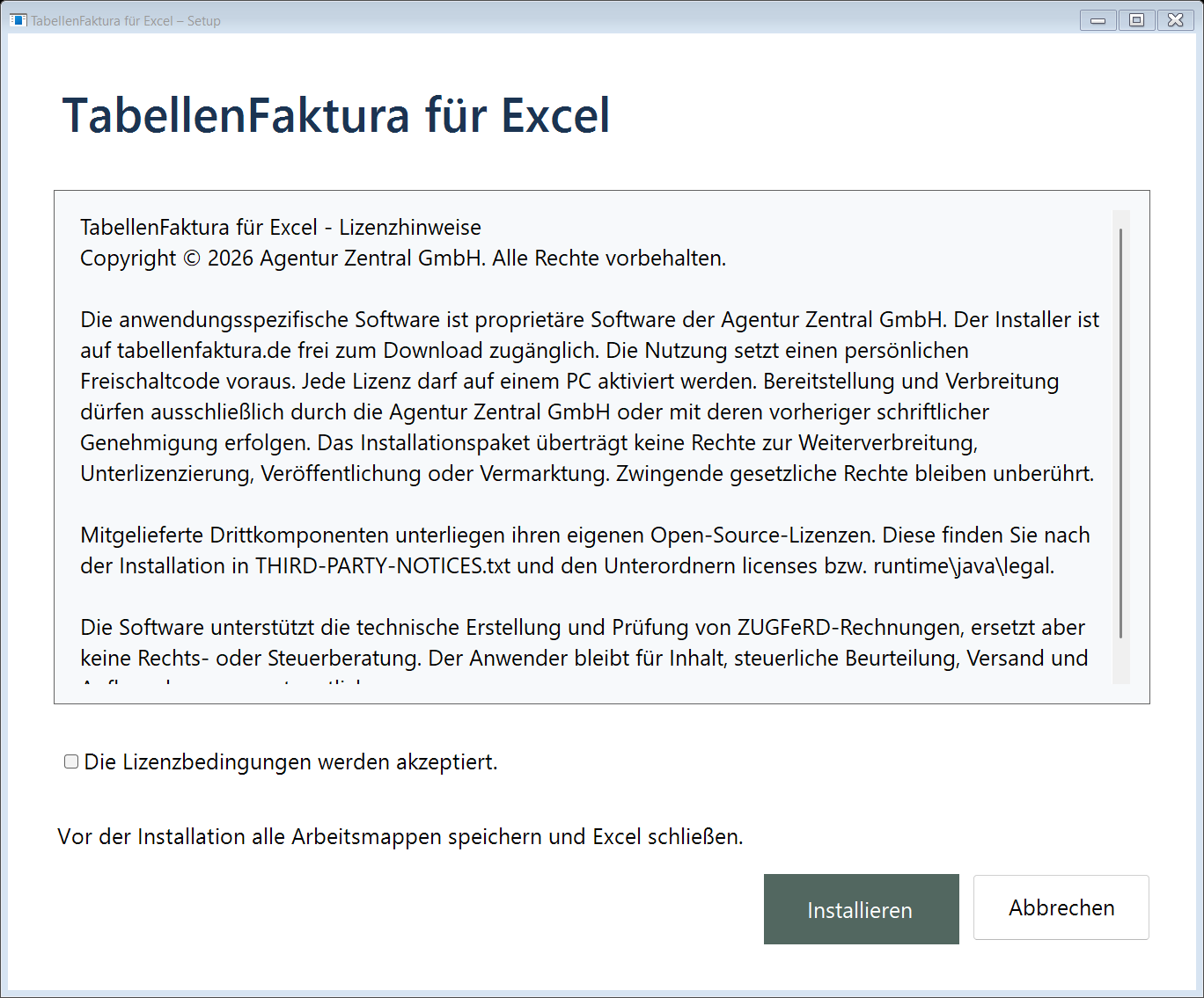 TabellenFaktura-Installer mit Lizenzbedingungen und Installieren-Schaltfläche