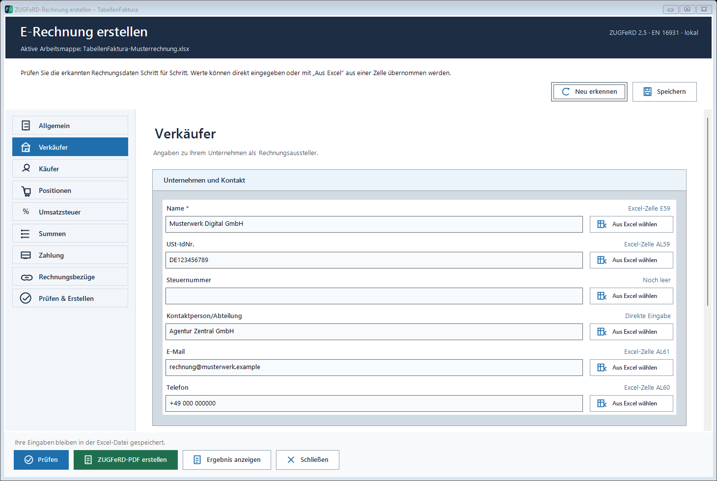 Verkäuferbereich mit Unternehmens-, Steuer- und Kontaktdaten