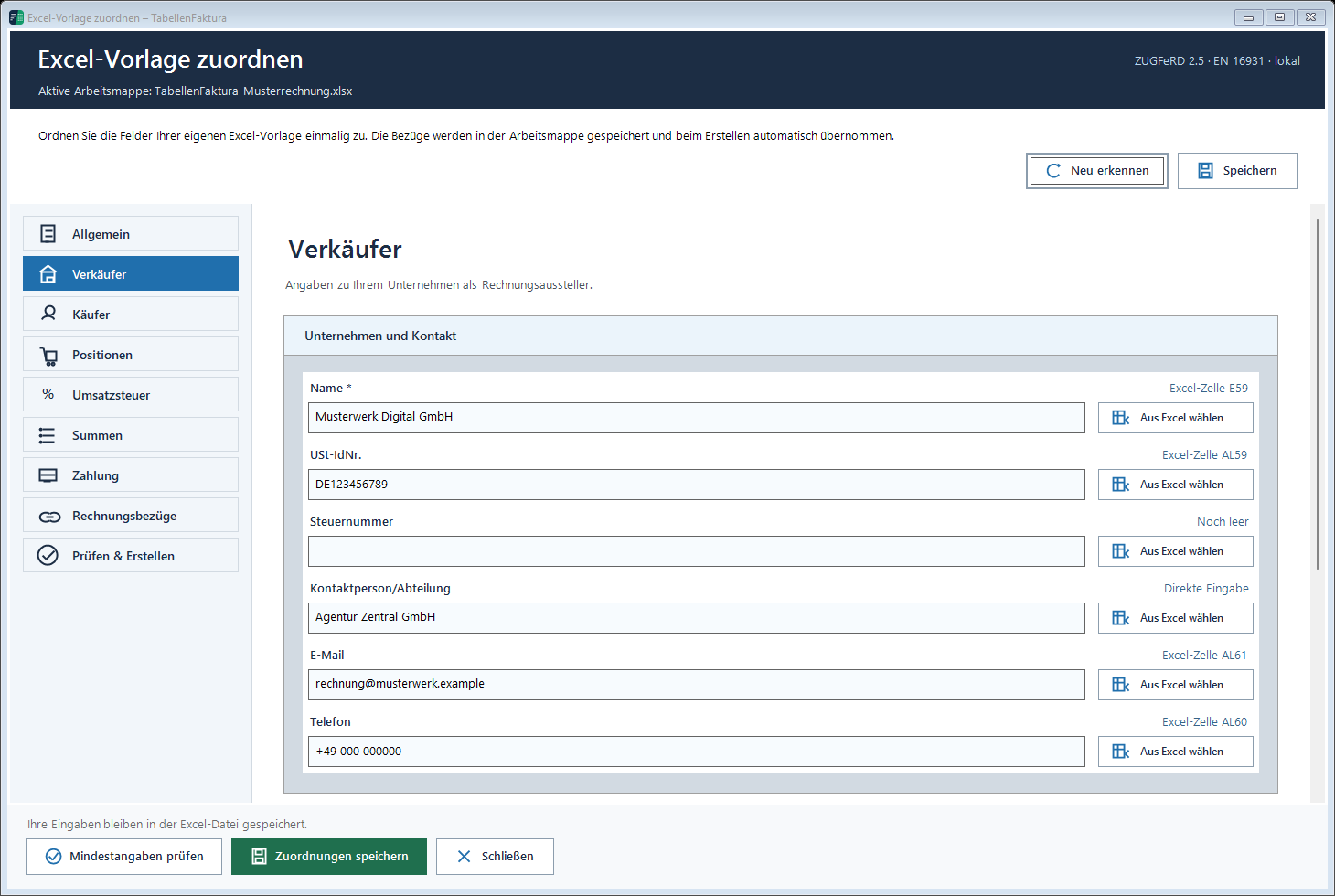 Zuordnungsassistent mit Verkäuferangaben und den Schaltflächen Aus Excel wählen