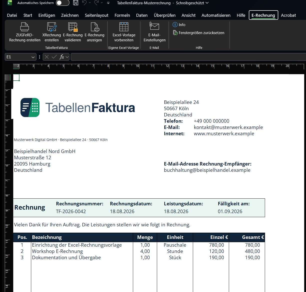 TabellenFaktura Musterrechnung mit vollständig frei erfundenen Daten in Microsoft Excel