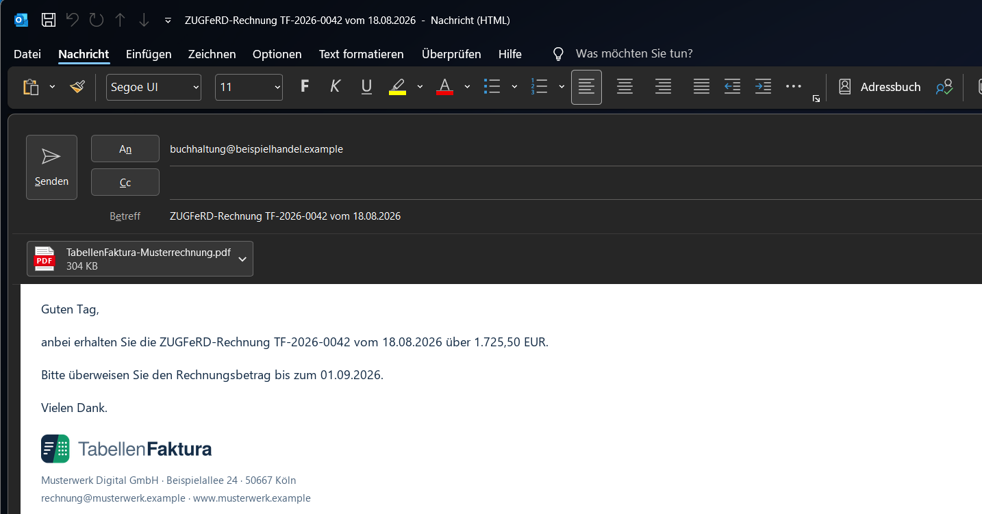 Outlook E-Mail-Entwurf mit TabellenFaktura Musterrechnung im Anhang und Mustersignatur