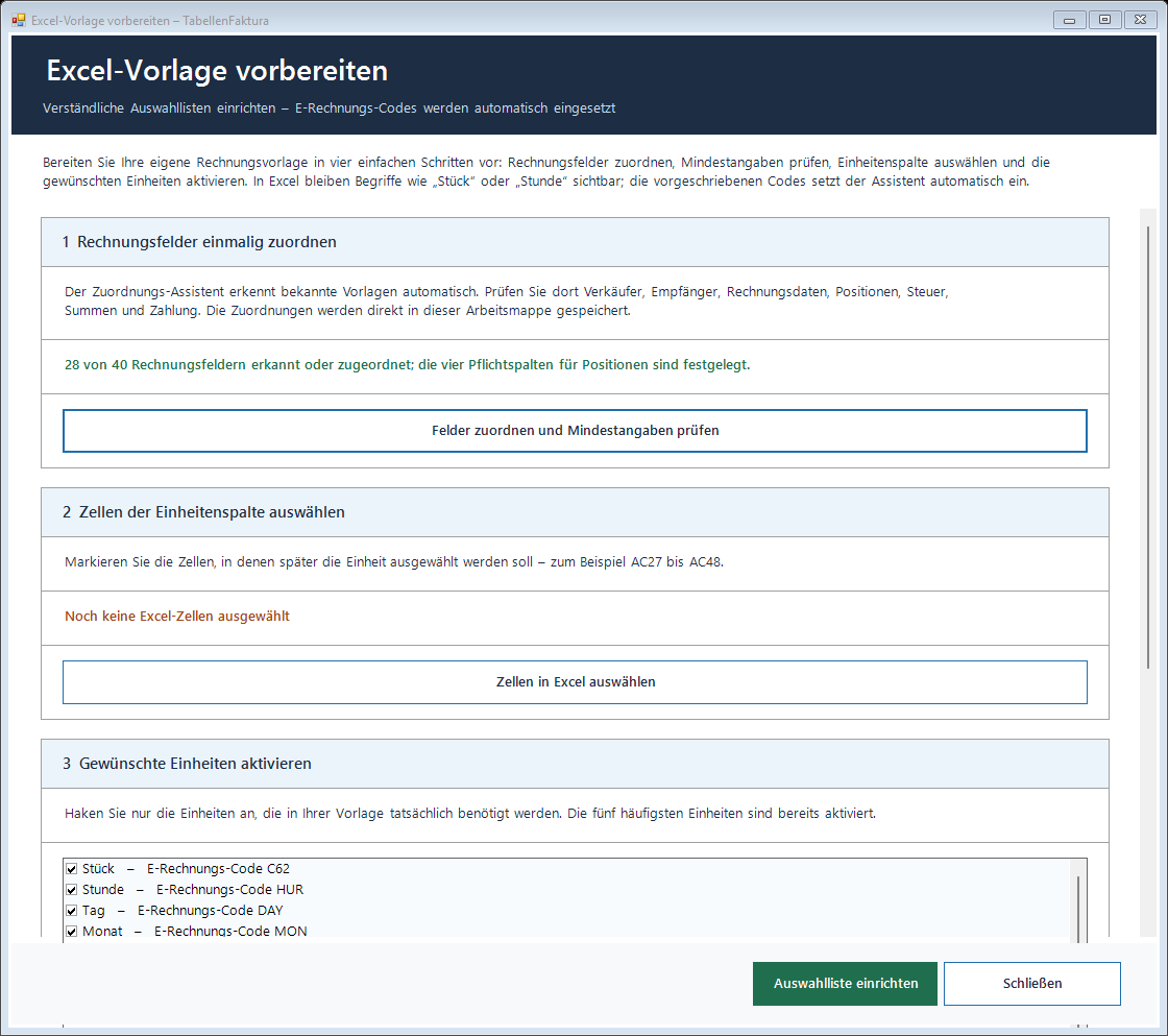 Dialog zum Vorbereiten einer Excel-Vorlage für TabellenFaktura