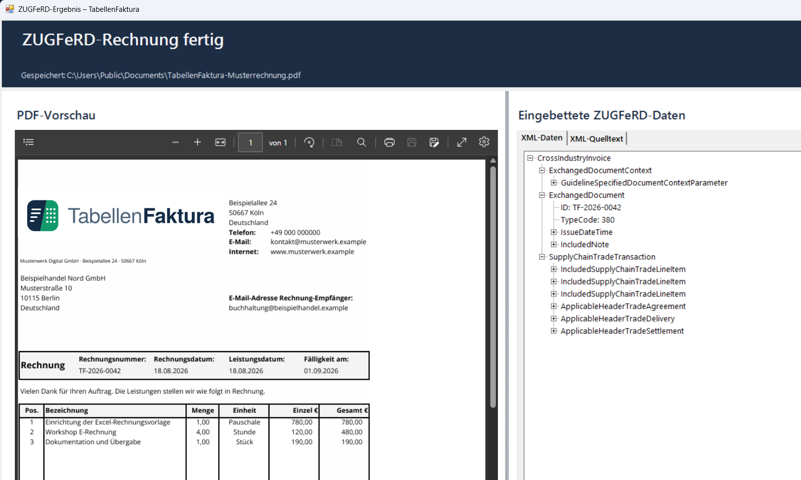 TabellenFaktura Ergebnisansicht mit PDF-Vorschau und eingebetteten ZUGFeRD-Daten