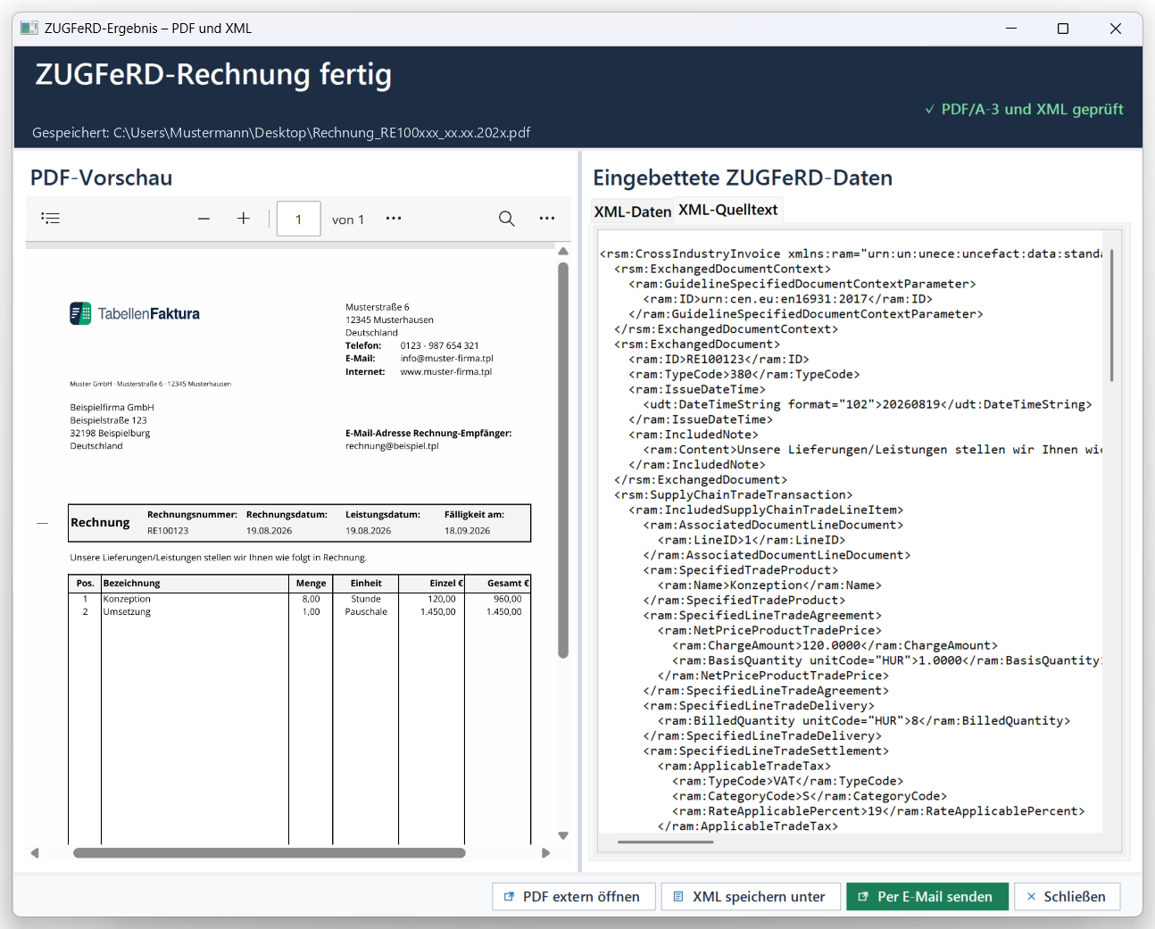 TabellenFaktura Ergebnisansicht mit geprüfter PDF-Vorschau und eingebetteten ZUGFeRD-Daten