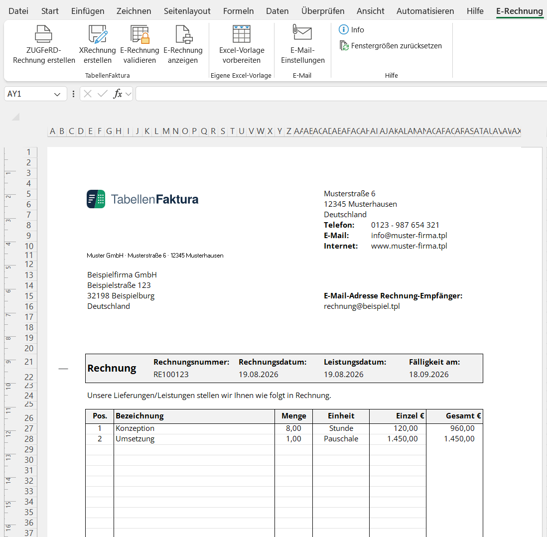 TabellenFaktura Musterrechnung mit dem neuen E-Rechnung-Menüband in Microsoft Excel