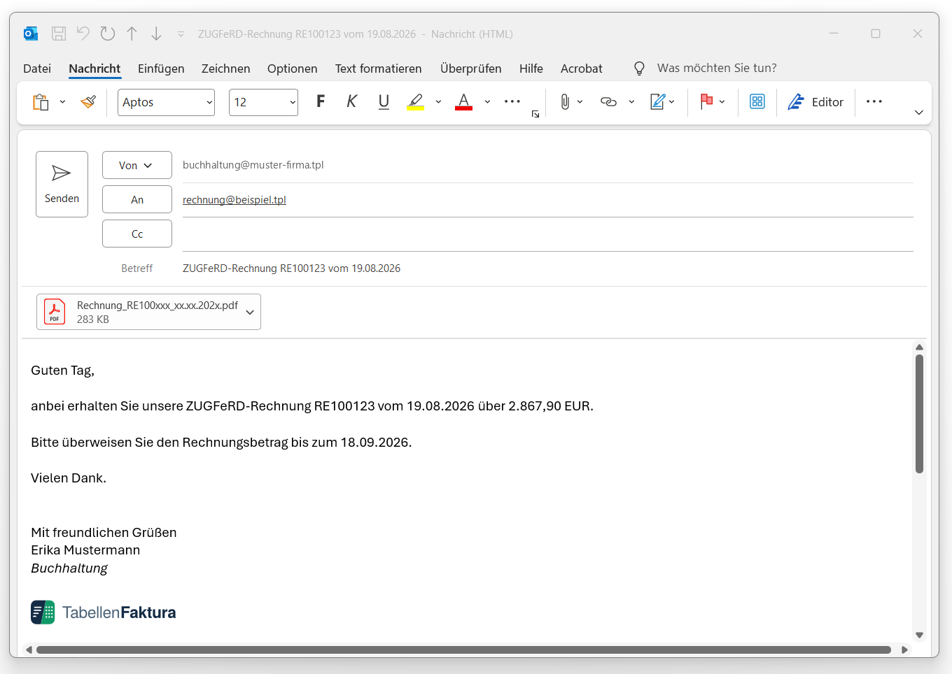 Outlook E-Mail-Entwurf mit TabellenFaktura Musterrechnung, Empfänger, Nachricht und PDF-Anhang