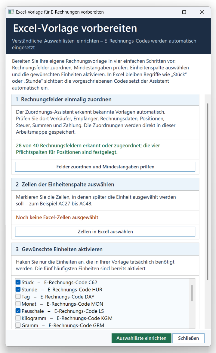 TabellenFaktura Assistent zum Vorbereiten einer Excel-Vorlage in vier Schritten